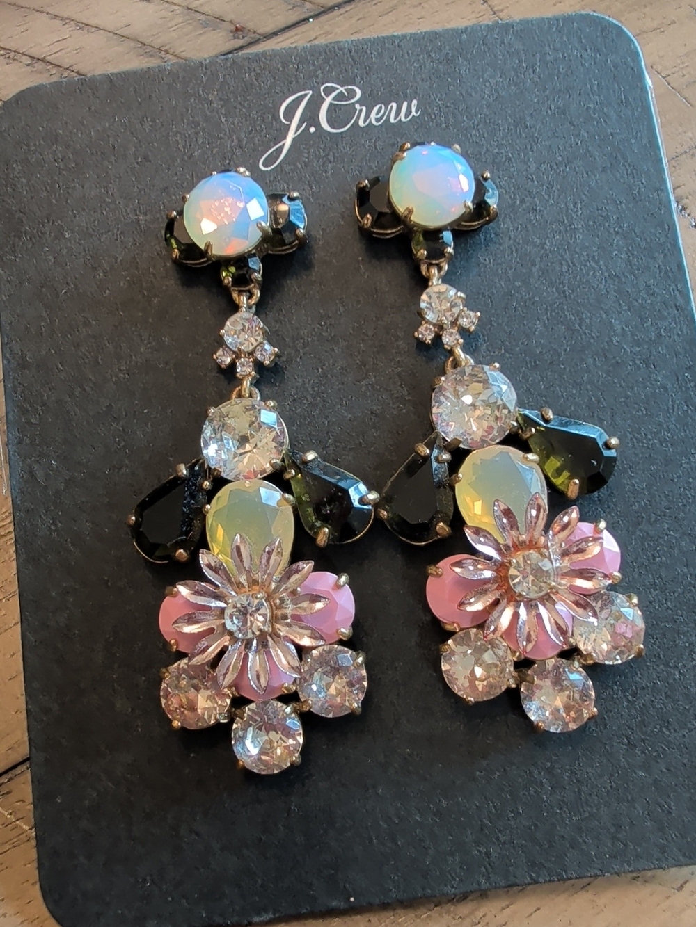 J. Crew Botanical Pink and Iridescent Crystal Floral Statement Drop Earrings